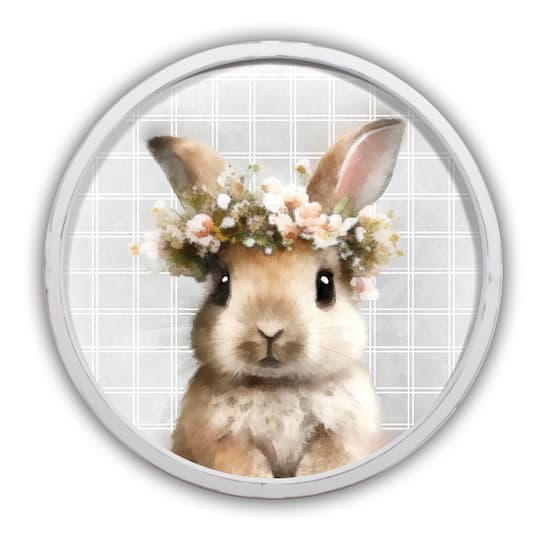Watercolor Floral Bunny Round White Framed Print